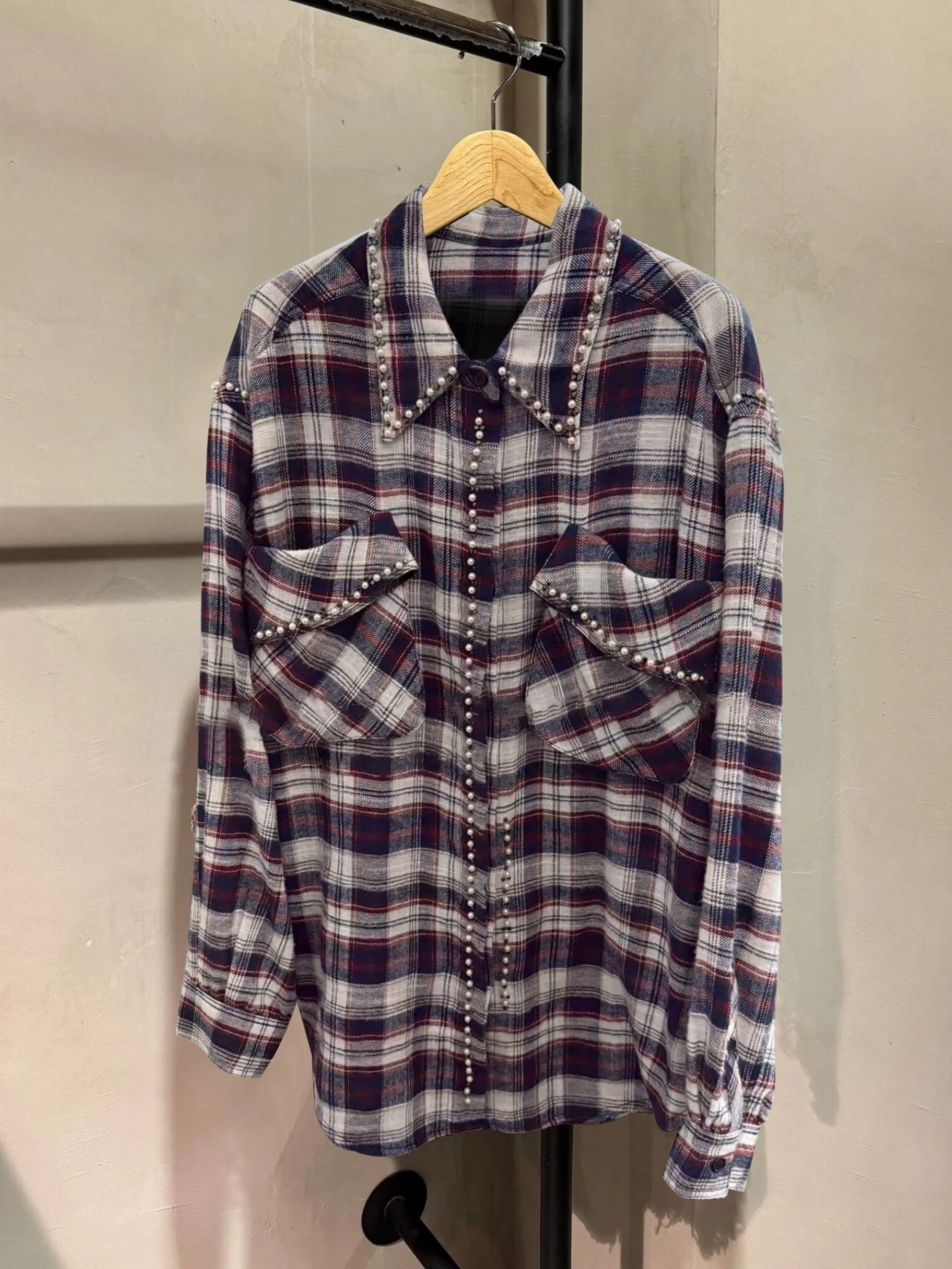 

Женская повседневная модная куртка-жакет LIMANER2026 из смесового хлопка с жемчужным декором, свободного кроя, в клетку, с рукавами-фонариками, средней длины