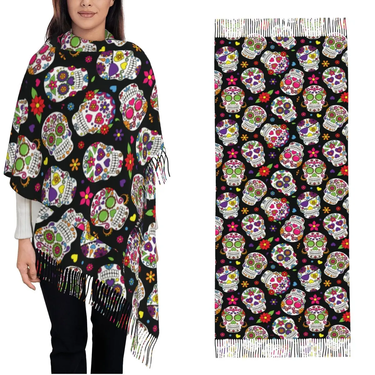 Mexican Day Of The Dead Sugar Skull Calavera Shawls Wraps Womens Long Scarf Mexico Dia De Los Muertos Pashmina Shawl Scarves