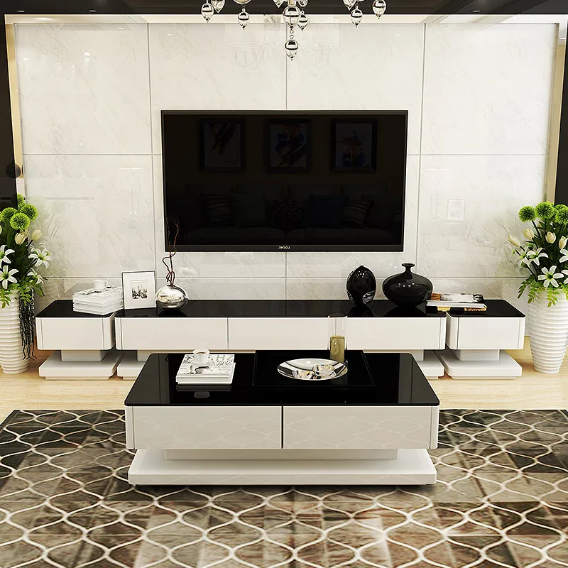 TV cabinet living room simple modern black and white coffee table set with lacquered tempered glass living room furniture