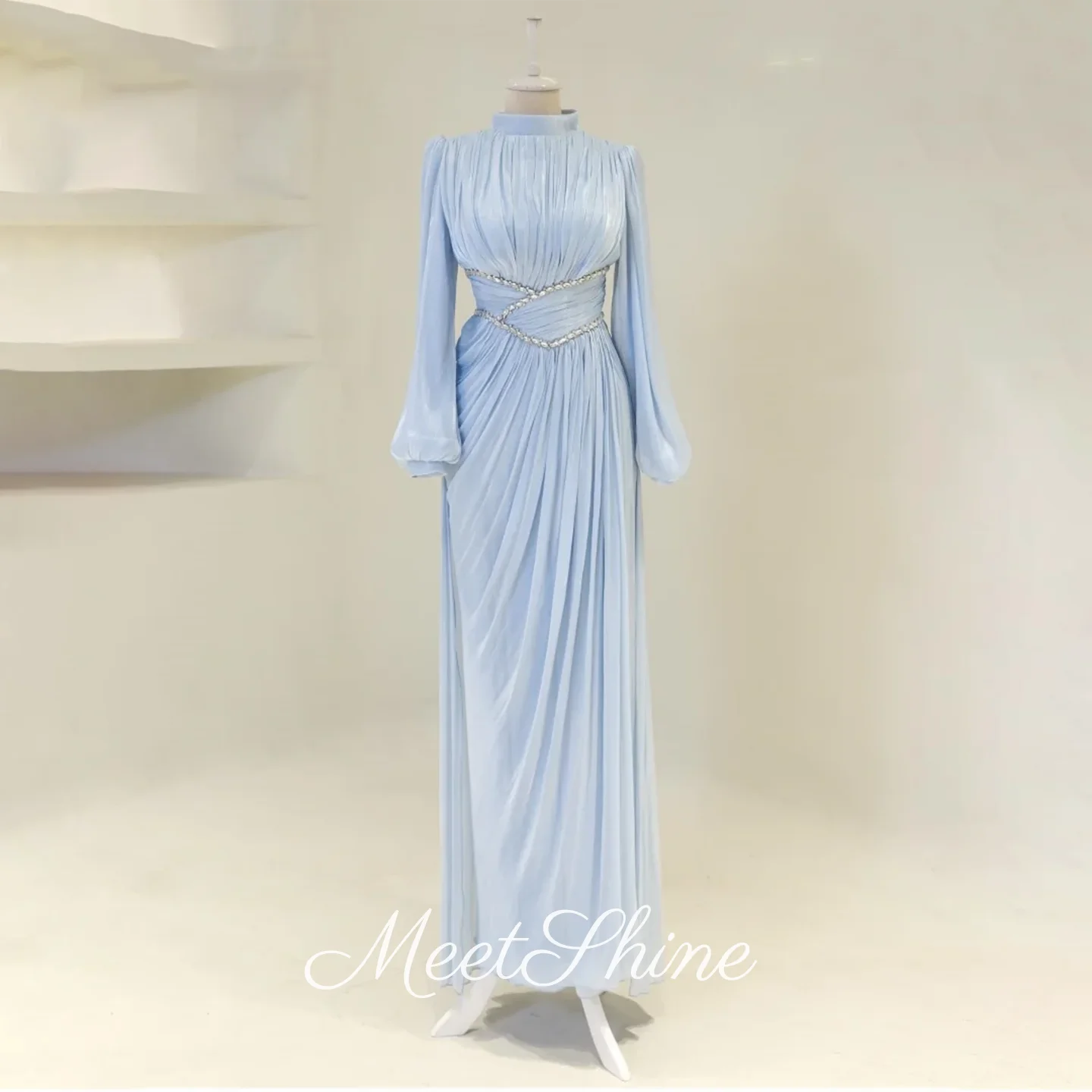 Dubai Long Sleeves Sky Blue Chiffon Evening Dresses Modern High Neck Pleated Beading Crystals Party Gown Prom Dresses Customized
