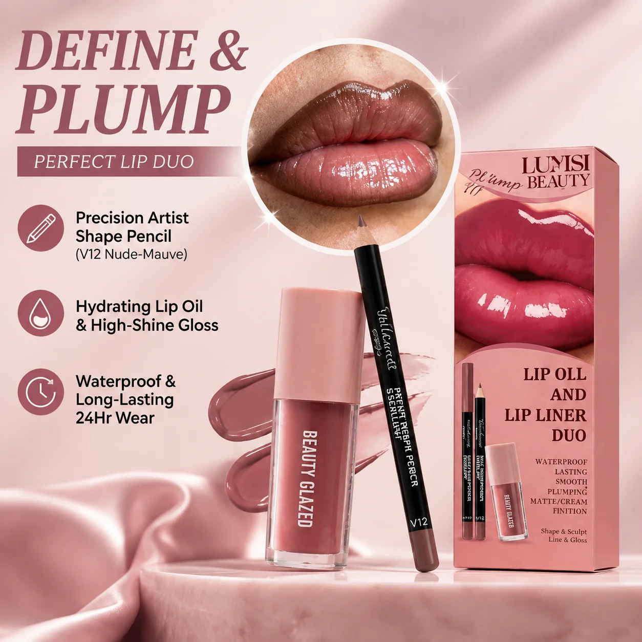 2Pcs Lip Makeup Set | 2-Pack Soft Matte Contour Lip Liner Pencil Duo with High-Shine Plumping Lip Gloss Bundle | Everyday Nude Brown Lip Kit