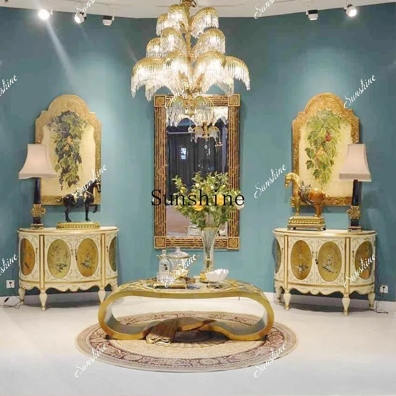 

French art side cabinet high-end solid wood carving flower painted decorative cabinet FT