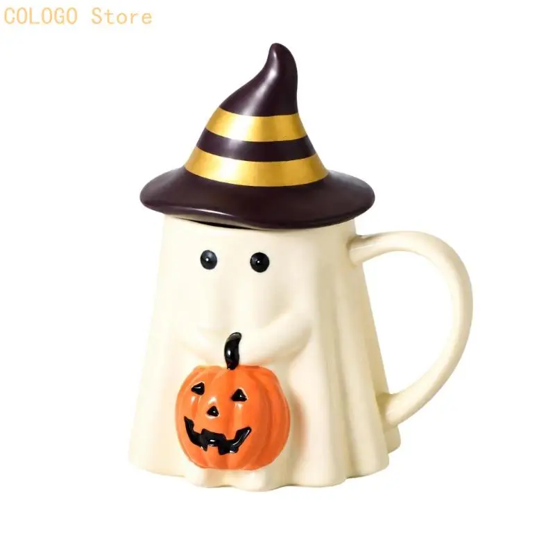 Specter Figure Coffee Cup in Ceramic with Side Handle, Gourd Character Detail, and Removable Pointed Hat Top and Cover D0LD