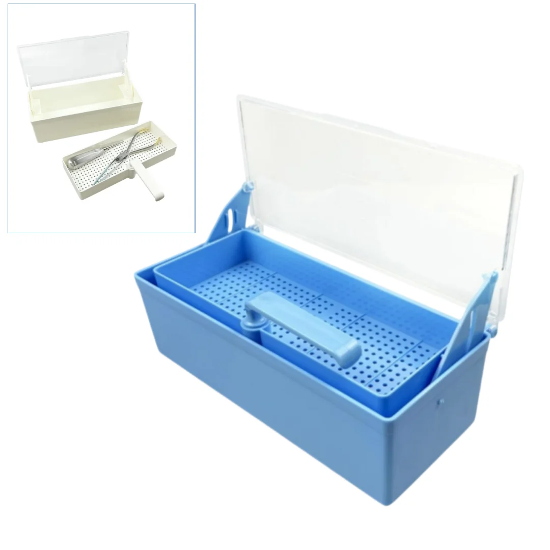 1pc Dental Instrument Sterilization Box with Lid Lift Basket Plastic Soaking Tray Sterilization Dental Tool Storage Organizer