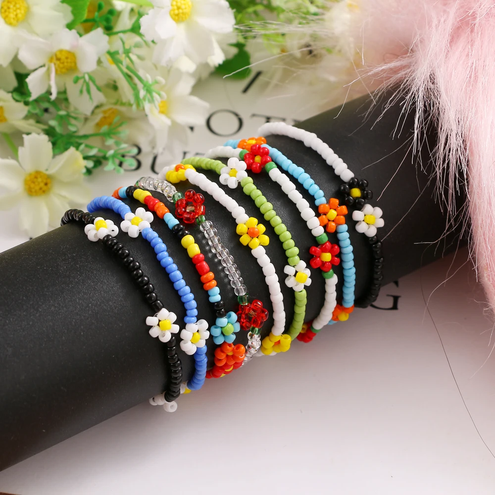 FNIO New Beaded Anklet Seed Bead Adjustable Colorful Flower Ankle Bracelet On The Leg Foot Trendy Jewelry For Women