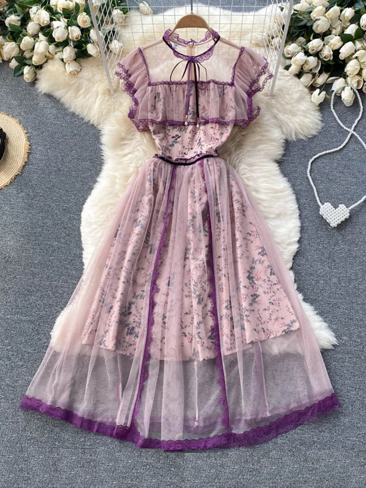 

New Summer Fashion Temperament Vestidos Female Round Neck Flying Sleeves Perspective Mesh Floral Midi Dress DK912