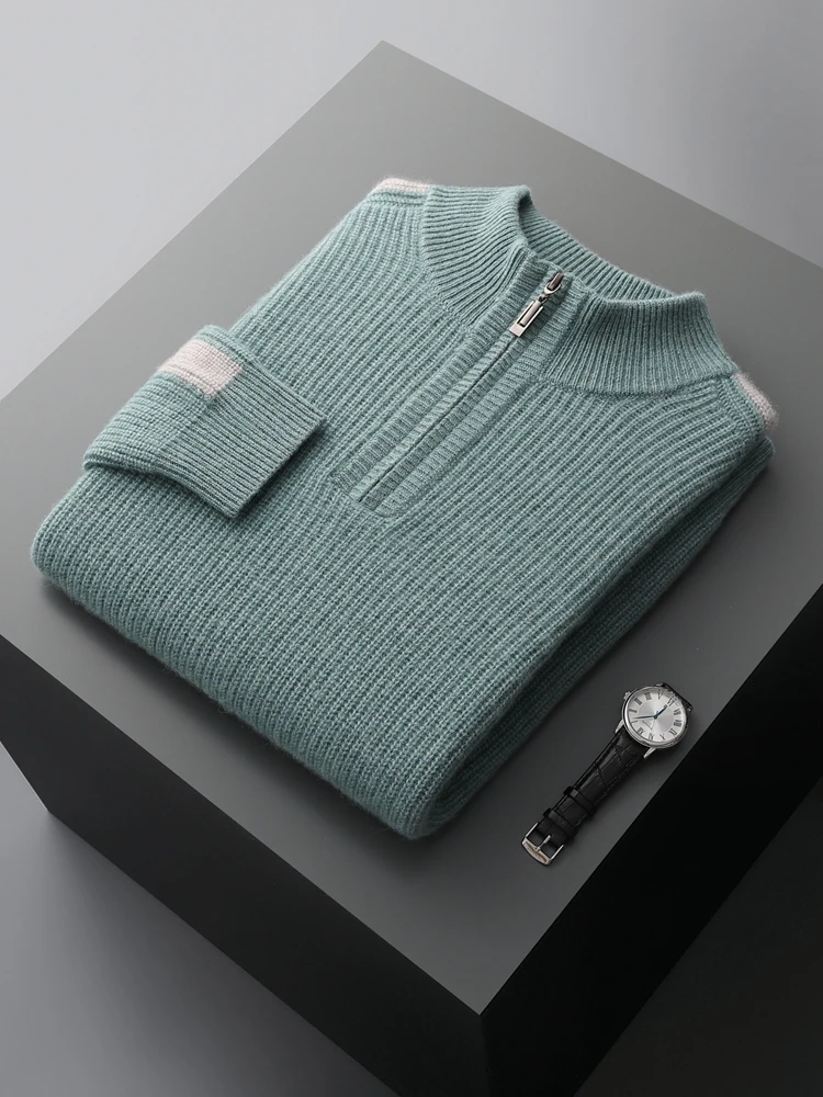 

High-quality 100% Cashmere Autumn and Winter Thickened Men Sweater Mock Neck Zipper Long Sleeve Pullover Casual Knitwear Shirt