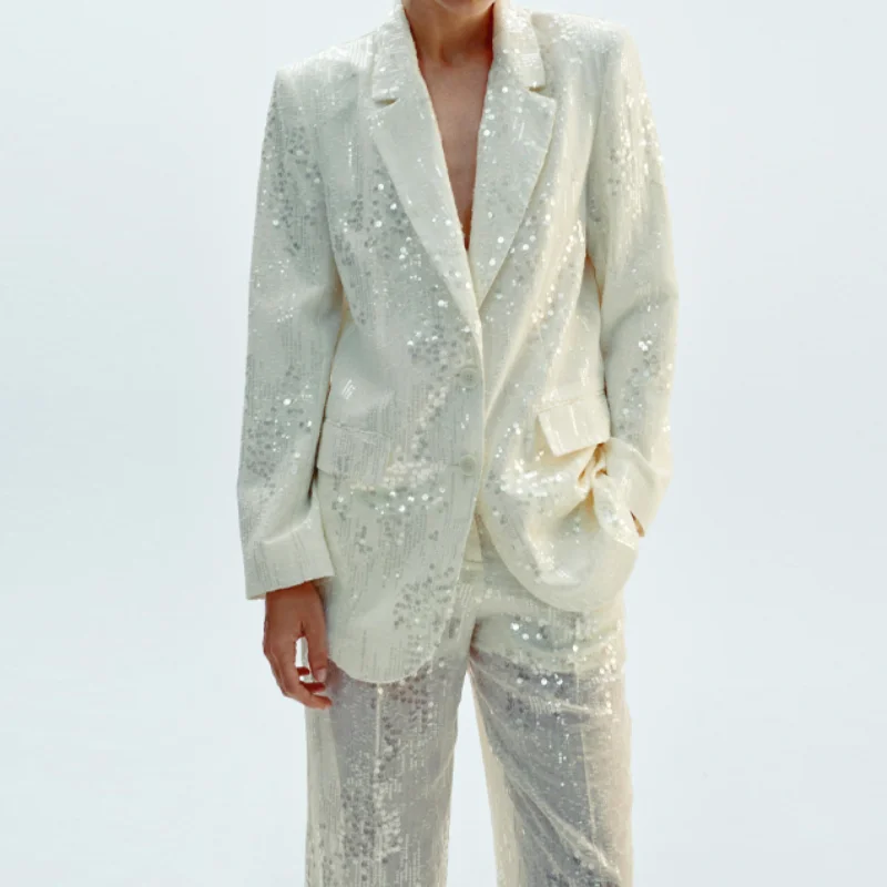 سترة أنيقة أنيقة مطرزة بطية صدر السترة سترة طويلة السراويل قطعتين سترات عصرية أنيقة ومتطورة معطف الخريف ملابس الشارع