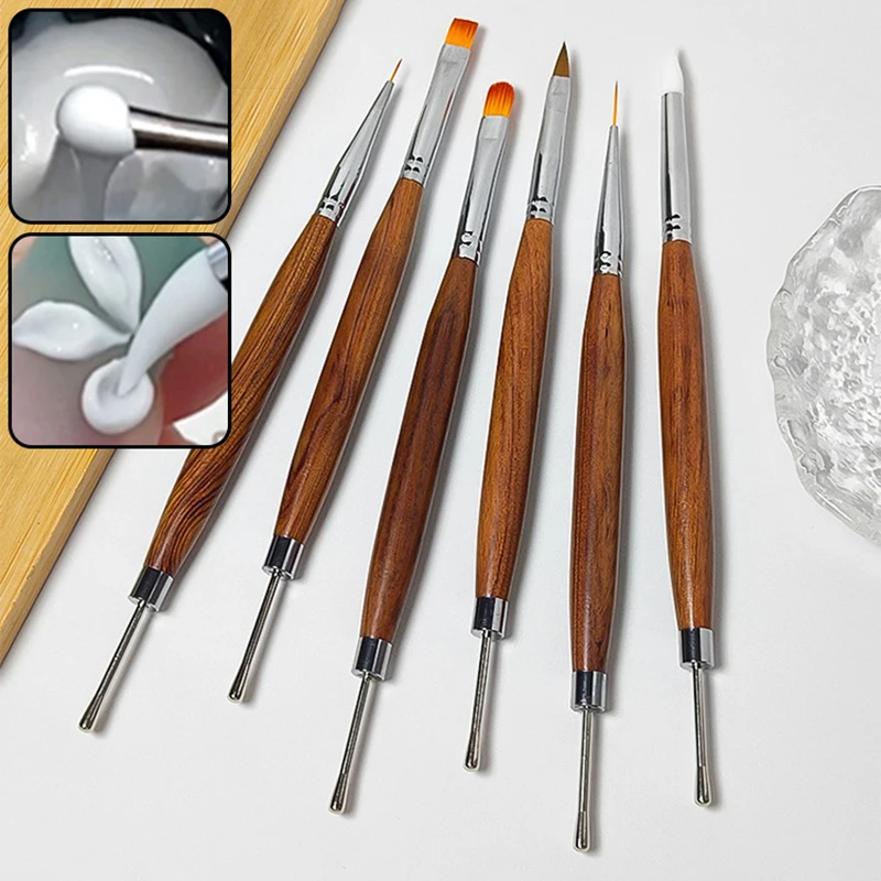 

Sandalwood Double Headed Nail Art Silicone Brush Carving Flower Painting Pen DIY Manicure Tools Stainless Steel Glue Mixed Pen