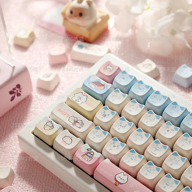 

MAO cat ears mechanical keyboard keycaps pink and blue meow pbt hot sublimation 108 custom cute girl workstation