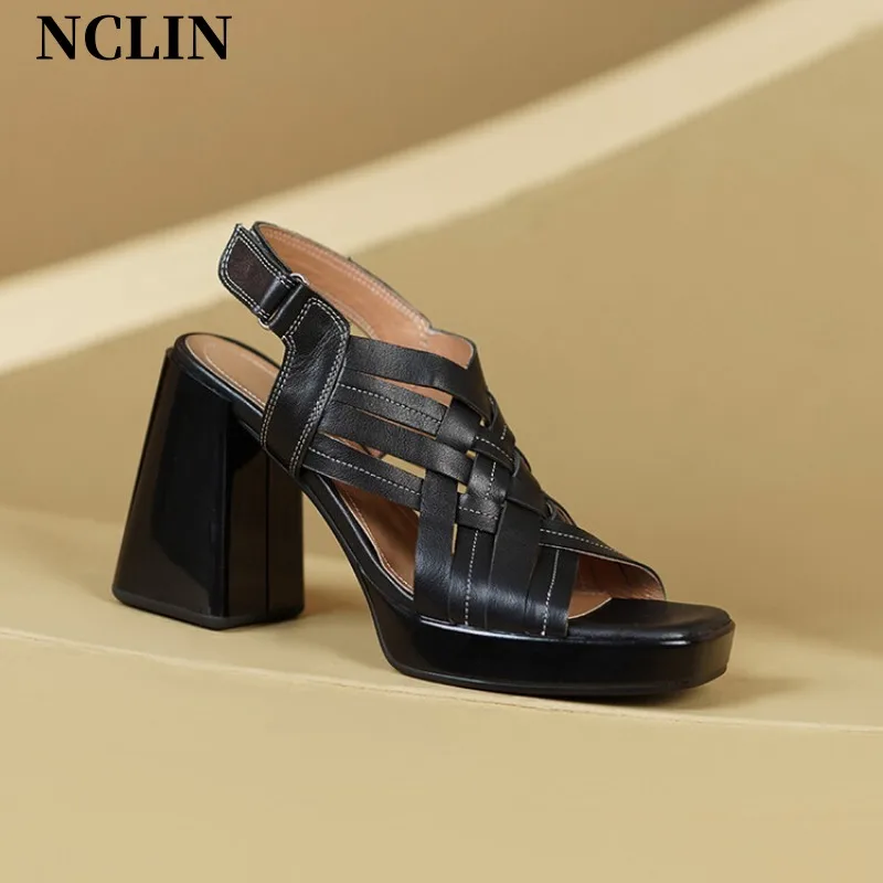 New Genuine Leather Women Sandals Chunky Heel Buckle Strap Platform Sandals Pumps For Women Summer Casual GLADIATOR Women Shoes