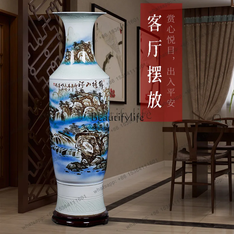 Factory Direct Ceramic blue and white hand-painted floor-to-ceiling vase home living room decoration Chinese-style ornaments