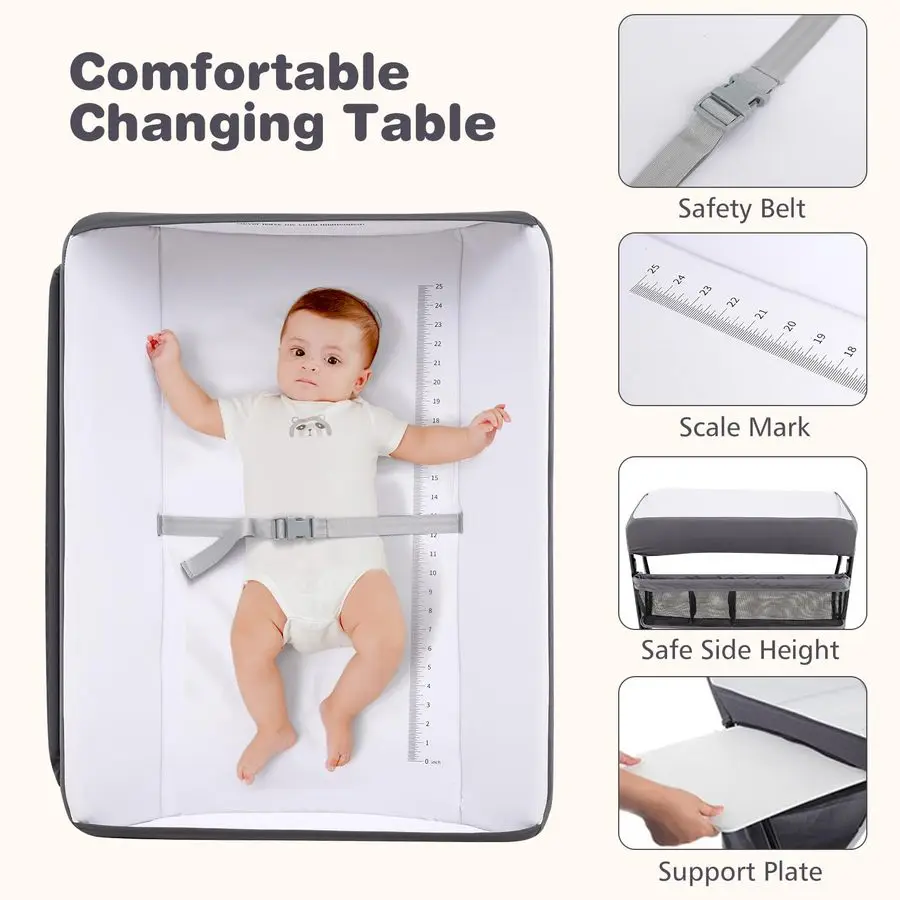 Baby Changing Table with Wheels, Portable Folding Diaper Station Nursery Organizer with Storage Basket, Hanging Rack, Adjustable