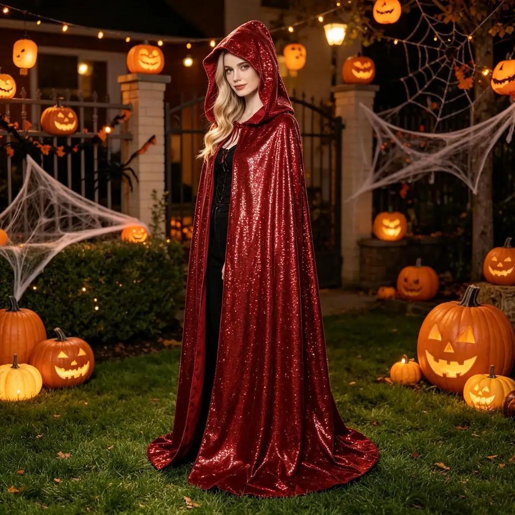 Classic Role Play Cape Shiny Hooded Cape Full Length Sparkly Cloak Unisex Glitter Robe for Halloween Mardi Gras Masquerade Party