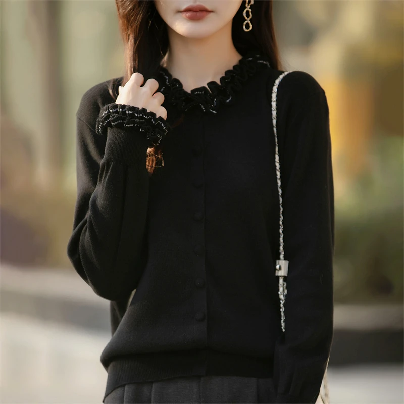 Woven Wool Cardigan Hand-buckled Lace Collar Autumn Winter Women's Knitted Cardigan Single Breasted Stringy Selvage Female Tops