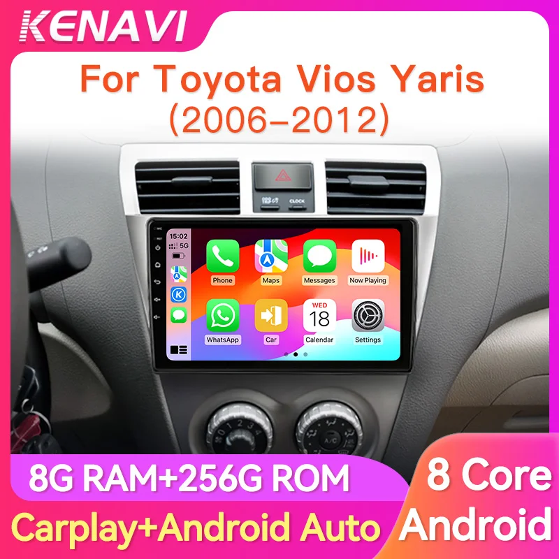 Car Stereo Radio Multimedia Player For Toyota Vios Yaris 2007 2008-2012 GPS RDS FM Wireless Carplay Android Auto 2Din Head Unit