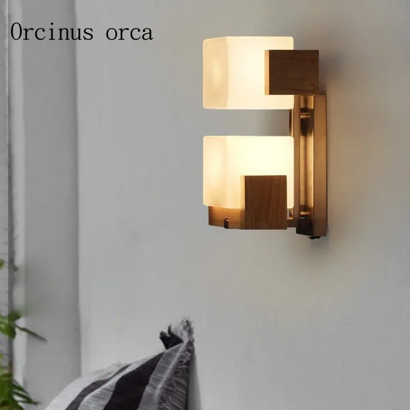 

American retro double head oak wall lamp dining hall bedroom bedside lamp creative personality sugar cube wall lamp