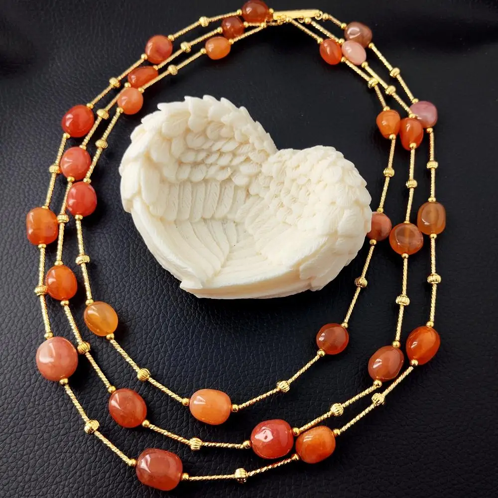 

kkgem 3 Rows Layered New Natural 10x13mm Red Carnelian Agate Beads Necklace Bohemia Beaded Statement Necklaces