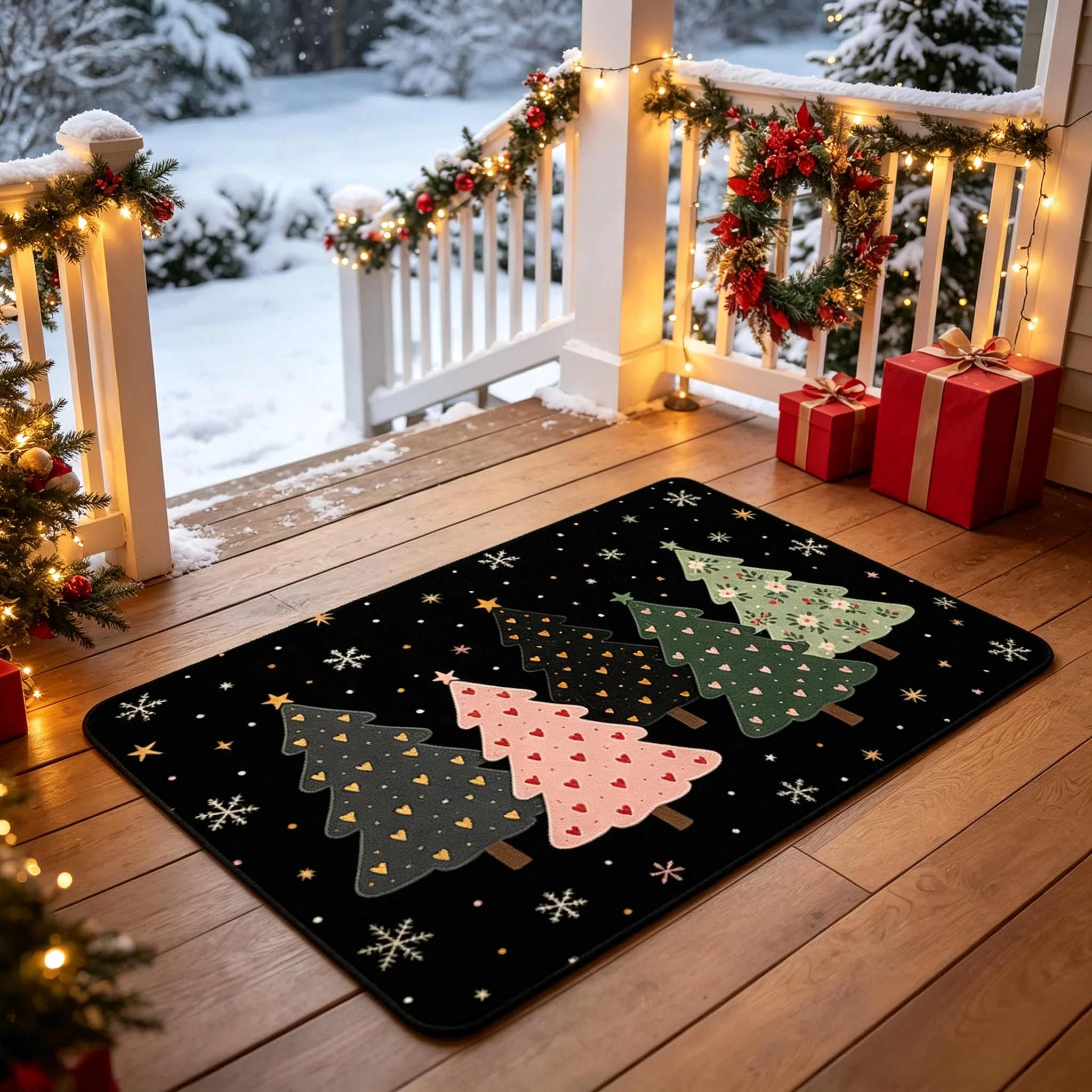 Stylish Christmas Tree Doormat Pastel Trees Snow Star Print Floor Rug Bedroom Xmas Holiday Party Accessory