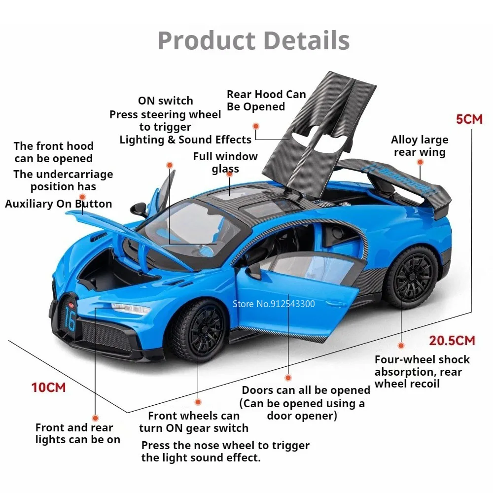1:24 Chiron Atlantic Model Car Toy Metal Body Plastic Chassis Supercar Models Music Light Door Opened Toys Home Decor Decoration