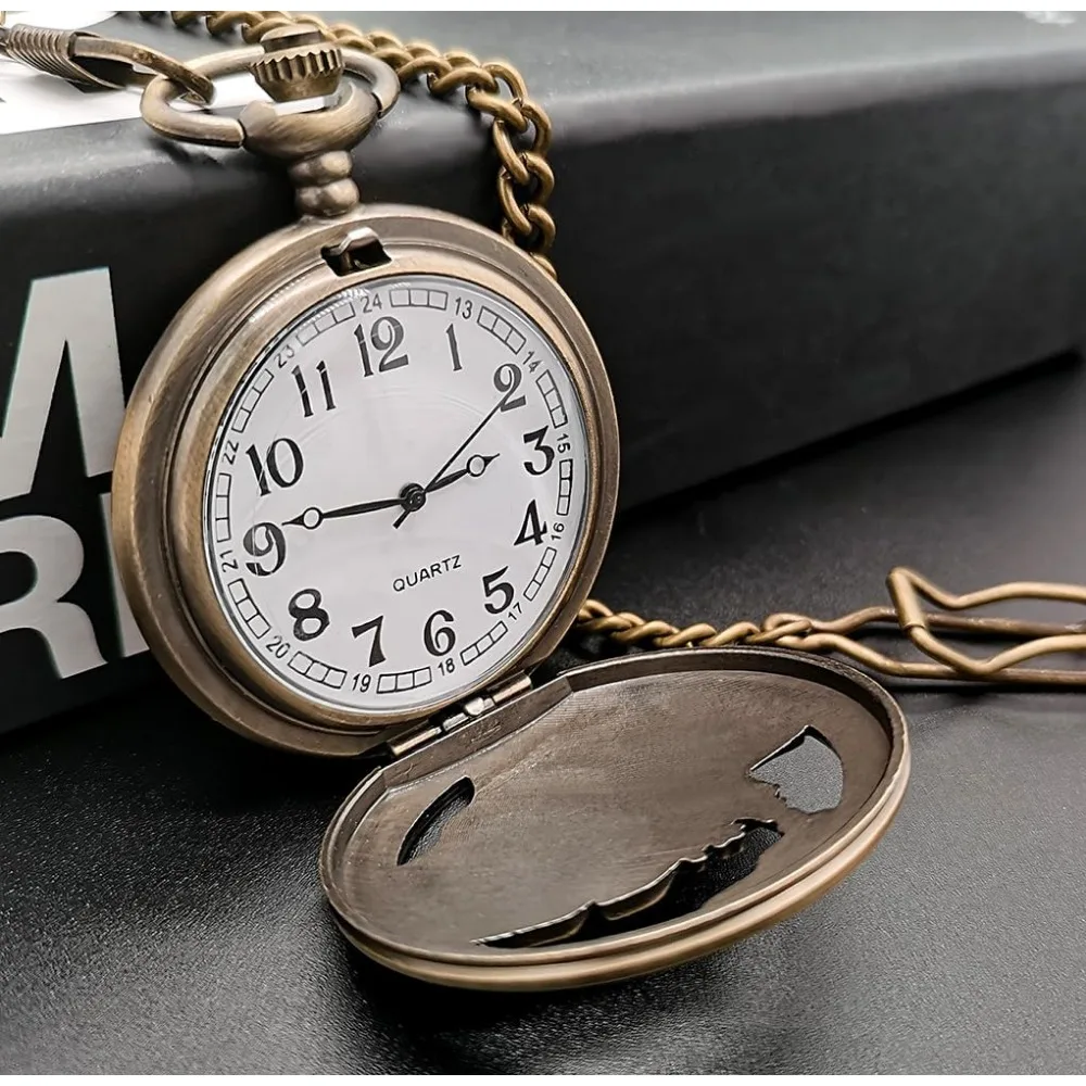 Reloj de bolsillo mecánico, reloj de cuarzo con esqueleto antiguo, diseño de tren de bronce, cadena de collar Steampunk con números árabes