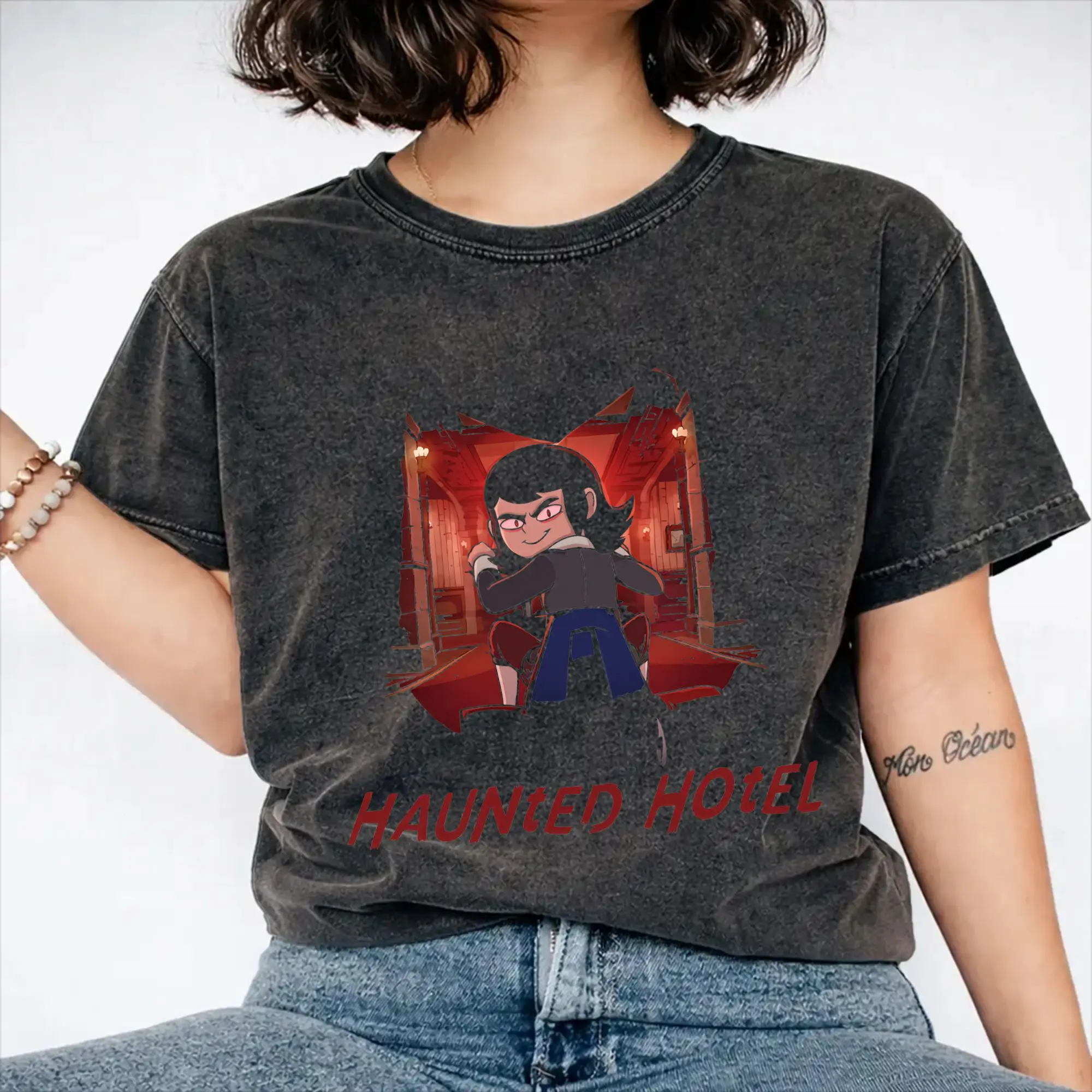 Haunted Hotel Creepy Girl Riding Tricycle Hallway  Merch Washed T Shirt for Men Women Streetwear Hip Hop T-Shirts