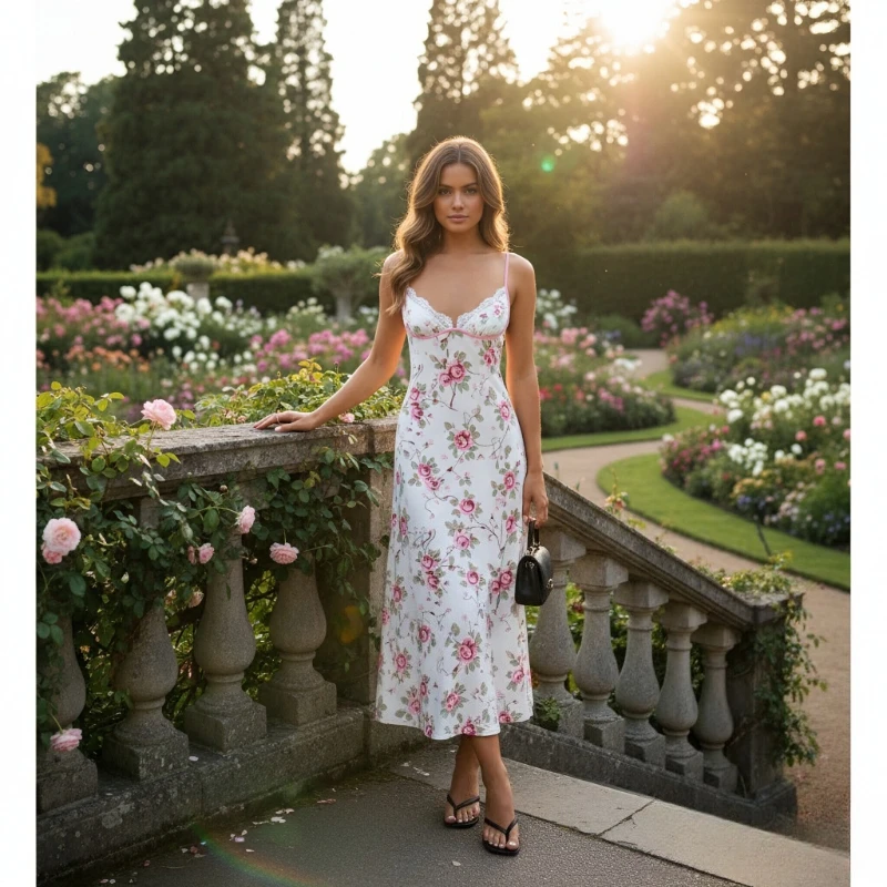 Mode Nieuwe V-hals Bloemen Sexy Vrouwen Jarretel Lange Jurk Y2k Lente En Zomer Elegante Nauwsluitende Backless Casual jurk