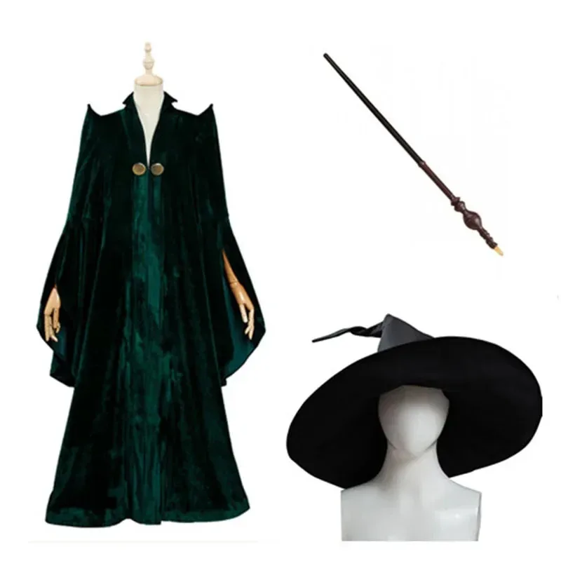 ❤ Costume de Cosplay du professeur Minerva McGonagall, Cape en corde verte, chapeau, baguette, Costume d'halloween complet ★ ❤ ★