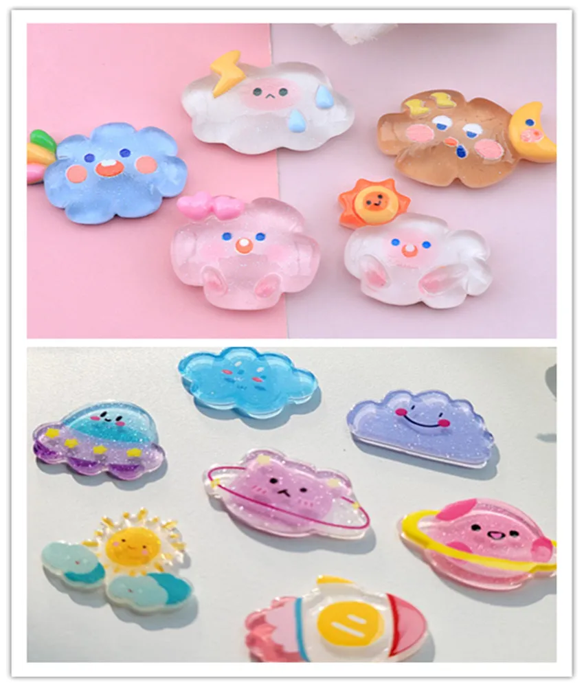 

100pcs Kawaii Flatback Cartoon Cloud Acrylic Spaceship Planet Resin Flatback Cabochon Art Supply Decor Charm Craft Wholesale