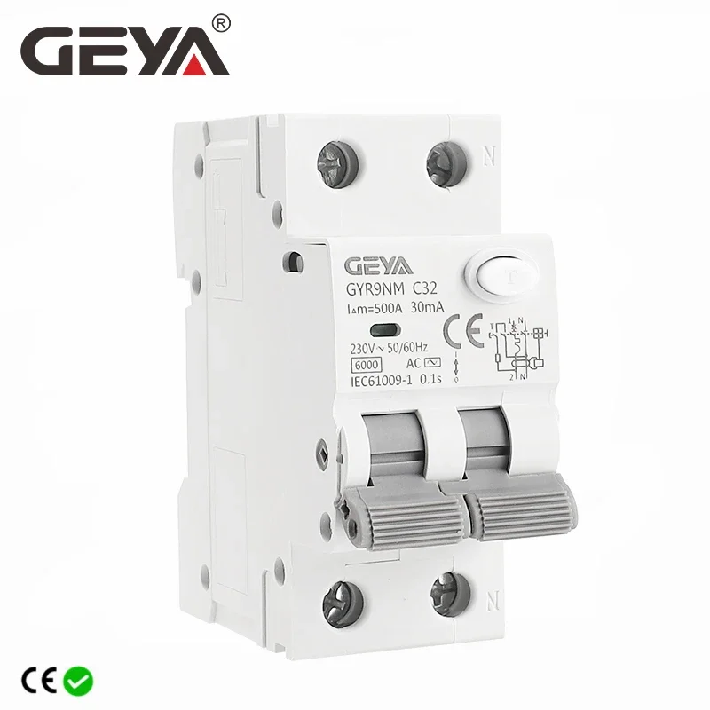 GEYA GYR9NM AC typu RCBO 2P 4P wyłącznik magnetyczny z nadprądem i zabezpieczeniem przed wyciekiem na szynie 10A 16A 25A 32A 40A