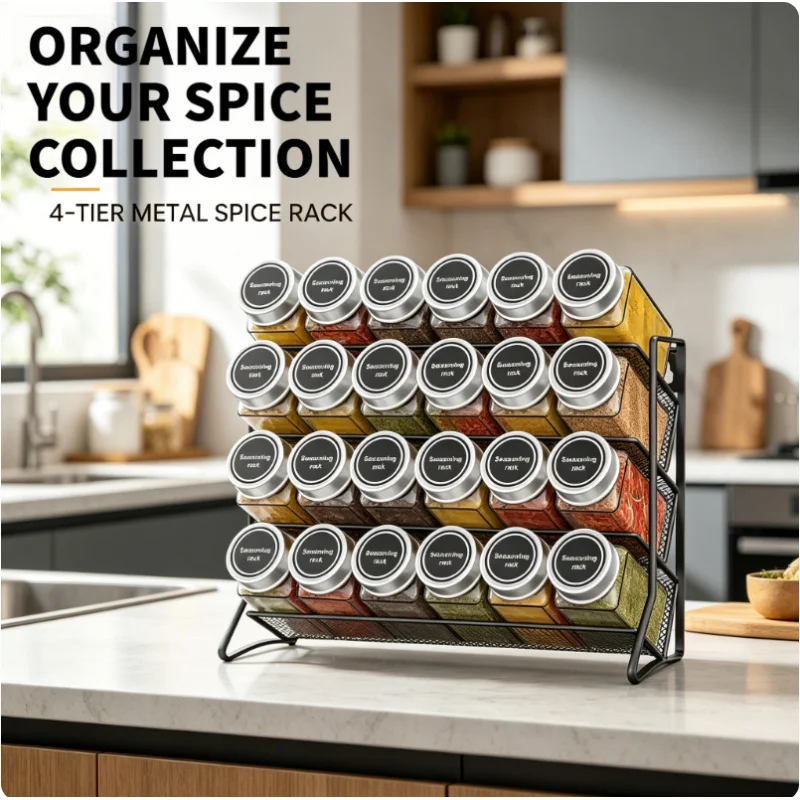 Non-Slip Multifunctional Carbon Steel 4 Tier Kitchen Storage Shelf Pantry Rack Spice Organizer for Home Cupboard