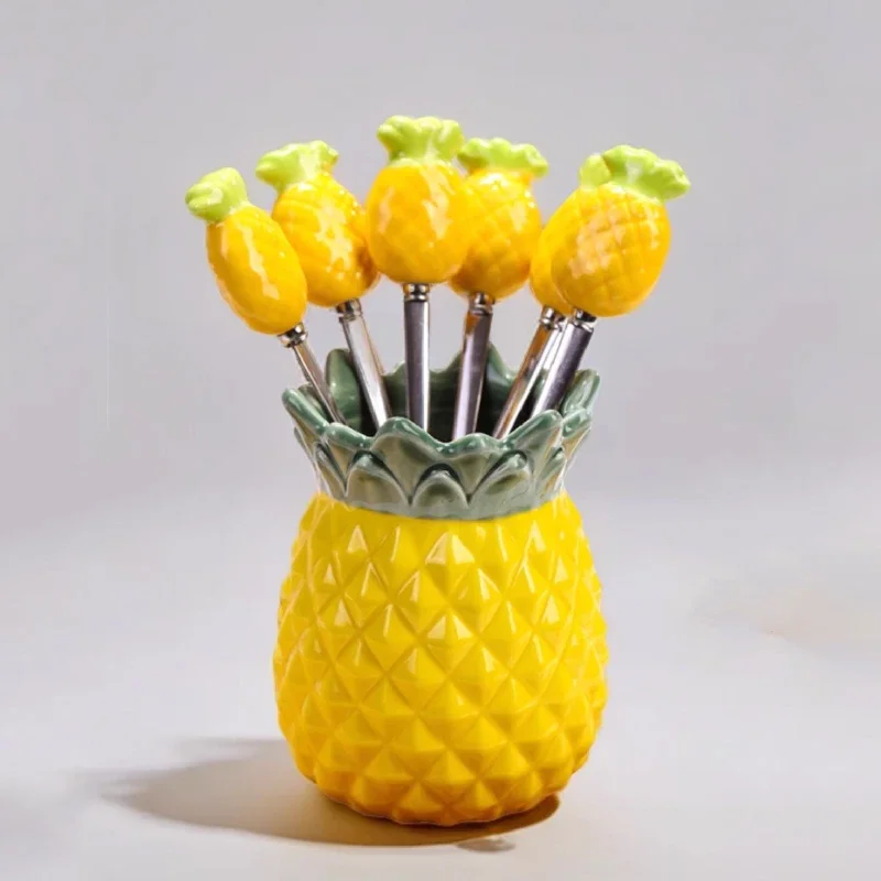 6 Forks 1 Jar 304 Stainless Steel Pineapple Fruit Fork High-value Fruit Sign Set Luxurious  Lovely Creative Household Tableware