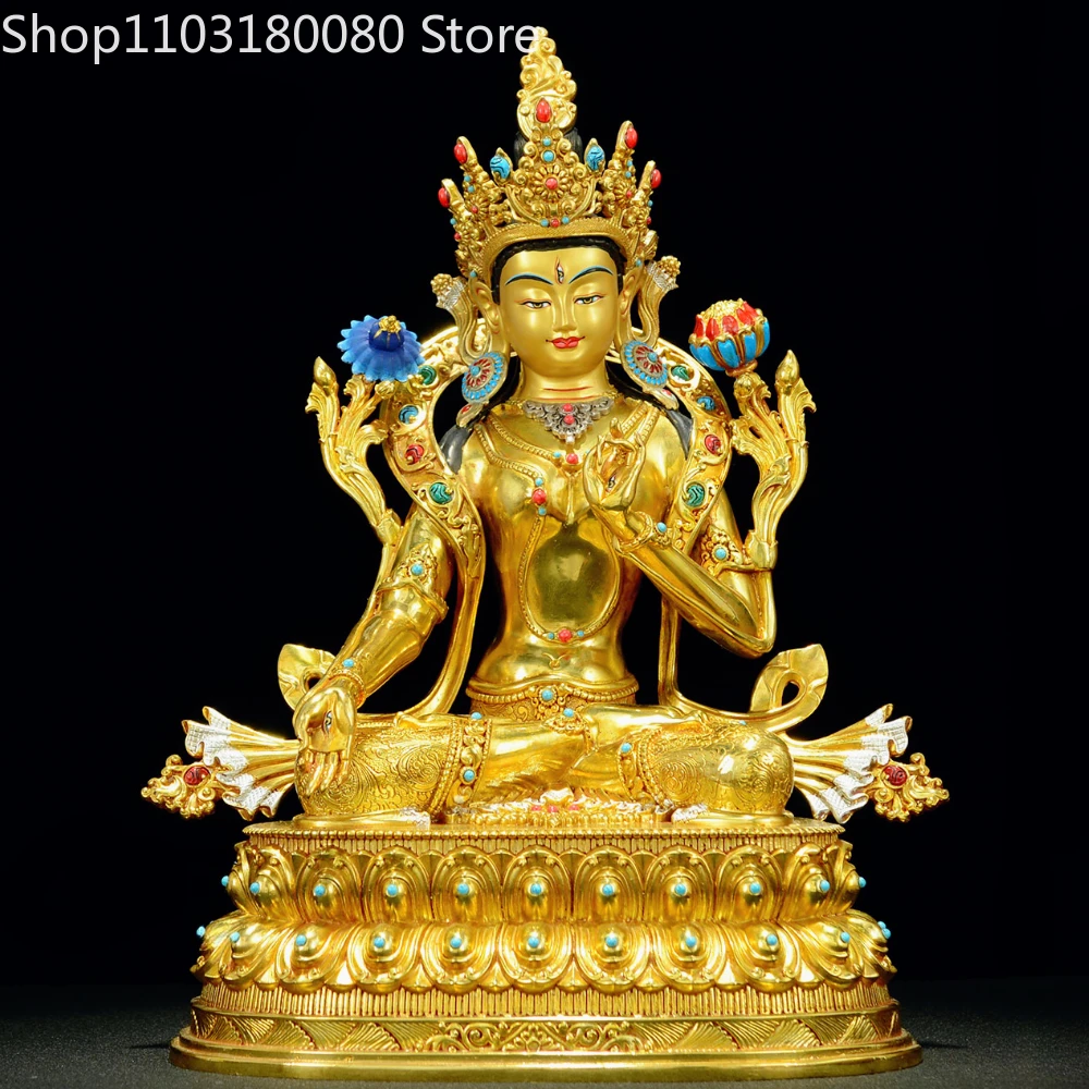 Copper Gilding White Tara Buddha Statue Nepal Tibet Inlay Green Tara Sculpture, 30cm, 21cm, 45cm