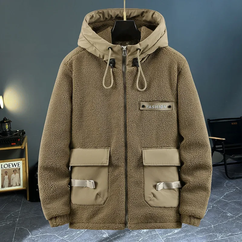 Spliced Lamb Wool Jacket Men's Hooded Male High-end Cotton Clothing Trend Versatile Warm Workwear Jacket Preppy
