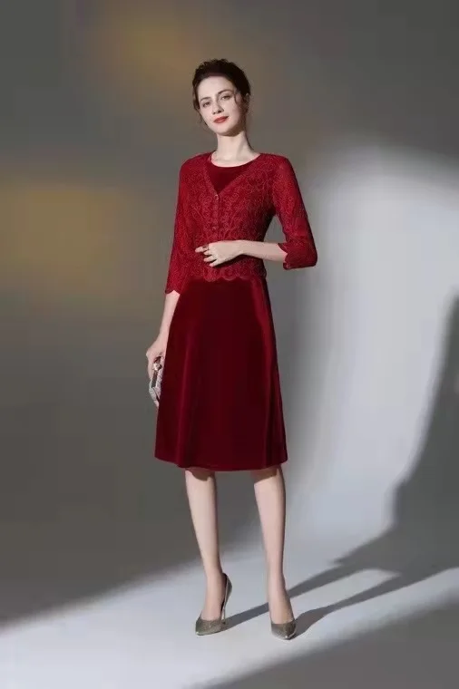 4xl 3xl Dress Vestidos 2023 Spring Autumn Party Events Woman Lace Embroidery Velvet Patchwork Slim Fit & Flare Dress Khaki Red