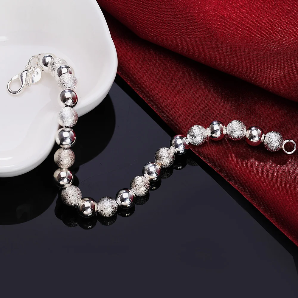 New Charm 925 Sterling Silver Bracelet For Woman Man 8mm Frosted Beads Chain Wedding Party Christmas Gifts Fashion Jewelry