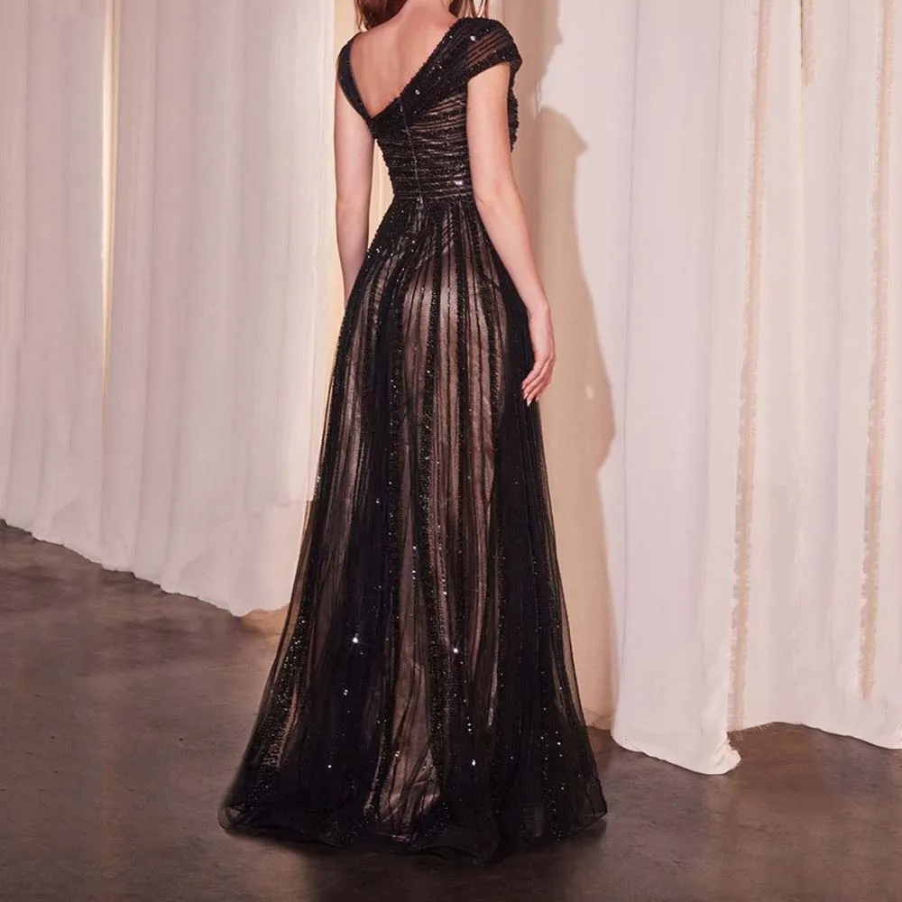 Exquisite Black Female Evening Party Dresses Floor Length A-Line Sequined Short Sleeves Sweet Elegant Women Prom Banquet Gowns