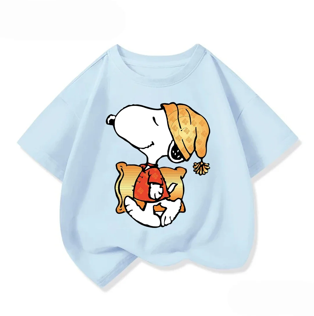 

Футболка с короткими рукавами для мальчиков и девочек, мягкие повседневные летние топы с круглым вырезом и рисунком Снупи для детей от 3 до 14 лет
