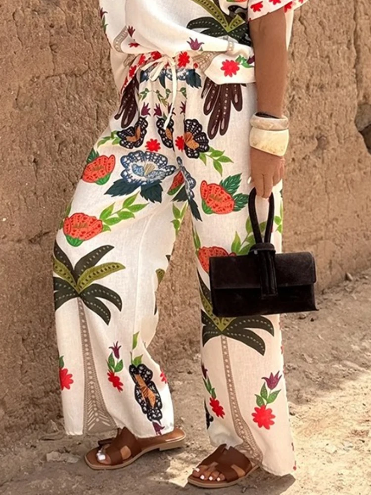 Beautyblue, pantalones de pierna ancha de cintura alta de lino y algodón para mujer, pantalones largos bohemios, pantalones informales sueltos con cordón en la cintura, moda nueva Vintage