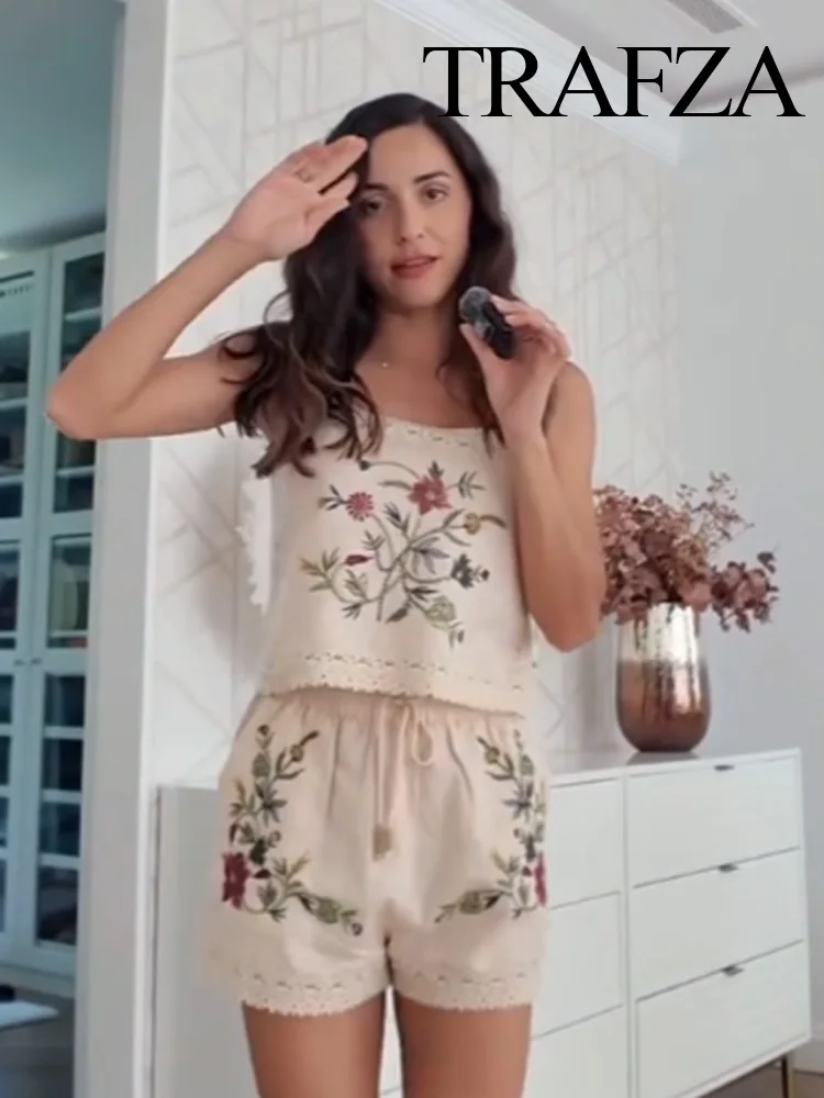 

TRAFZA Summer Women Shorts Suit Sleeveless Embroidery Decoration Casual Sling Top+Drawstring Pocket Elastic Waist Shorts