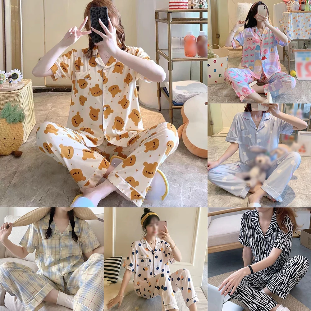 

Fashion Autumn Spring Pajama Set Female Loose Lounge Wear Night Short Sleeved Soft Suit Breathable Comfortable