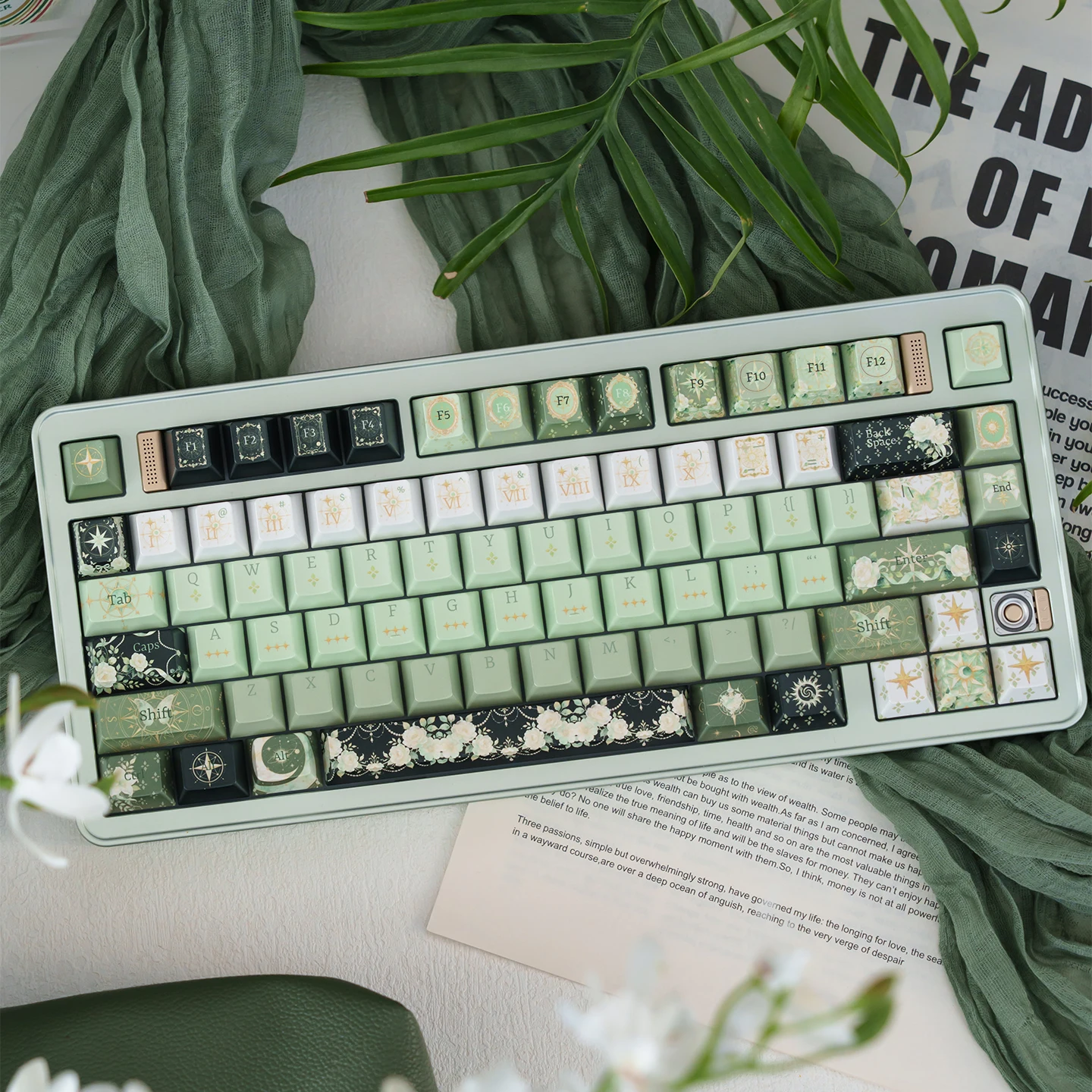 URE Green Night Astrology Theme Keycaps 122 Keys Metallic Pearlescent PBT Dye-Sub Keycaps For MX Switch Mechanical Keyboard