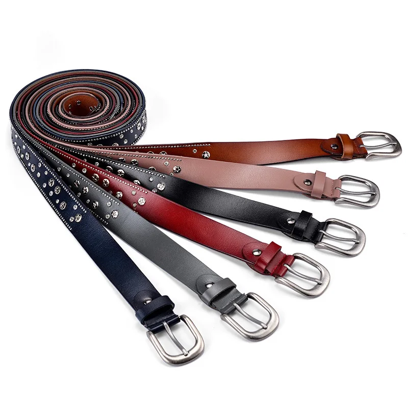 Western Rivet Rhinestone Design Leather Women Belt Fashion Silver Pin Buckle Jeans Causal Pants Belt for Ladies