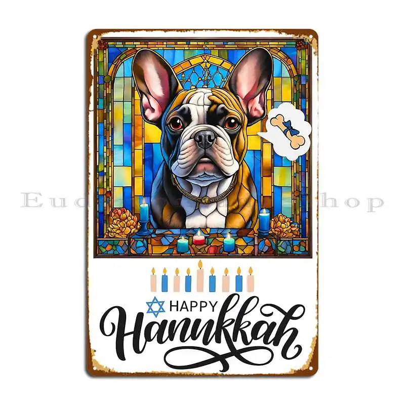 Happy Hanukkah French Bulldog Stained Glass Menorah Art And Holiday Wishes Metal Signs Wall Mural Printing Plaques