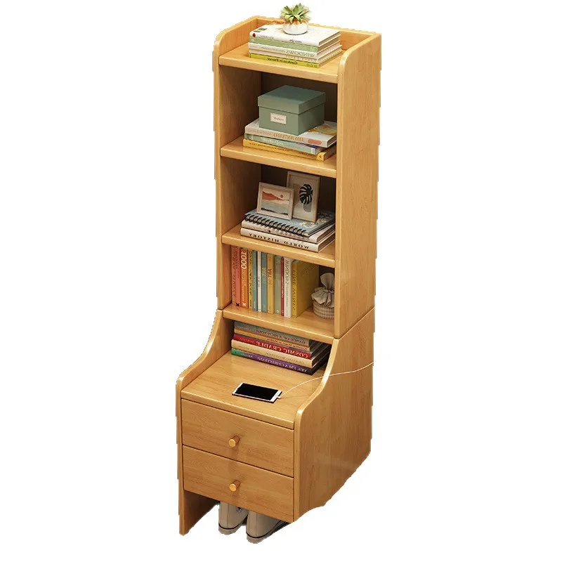 

All solid wood bedside table bookshelf integrated, bedroom high storage shelf, floor bookcase with drawers