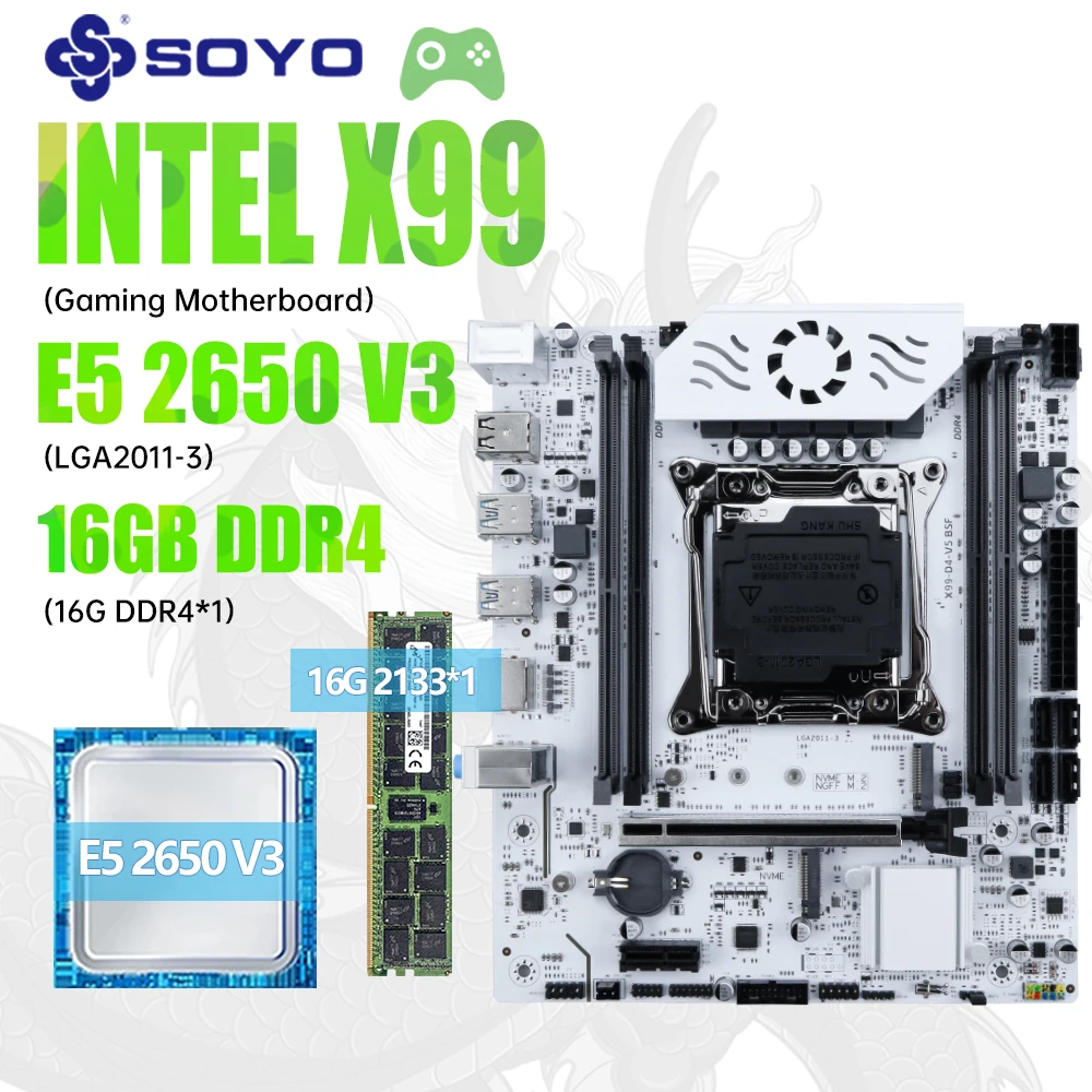 طقم اللوحة الأم للألعاب SOYO X99 C612 مع وحدة المعالجة المركزية E5 2650 V3 وDDR4 16G * 1 2133MHz ذاكرة NVME PCIE3.0 SATA3.0 TPM2.0 واجهة