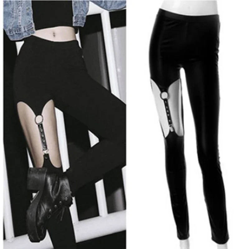 Gothic Devil Fashion Punk Harajuku Leather Strap Ring Hollow Rivet Women Punk Pencil Pants Female Black Casual Tight Trousers