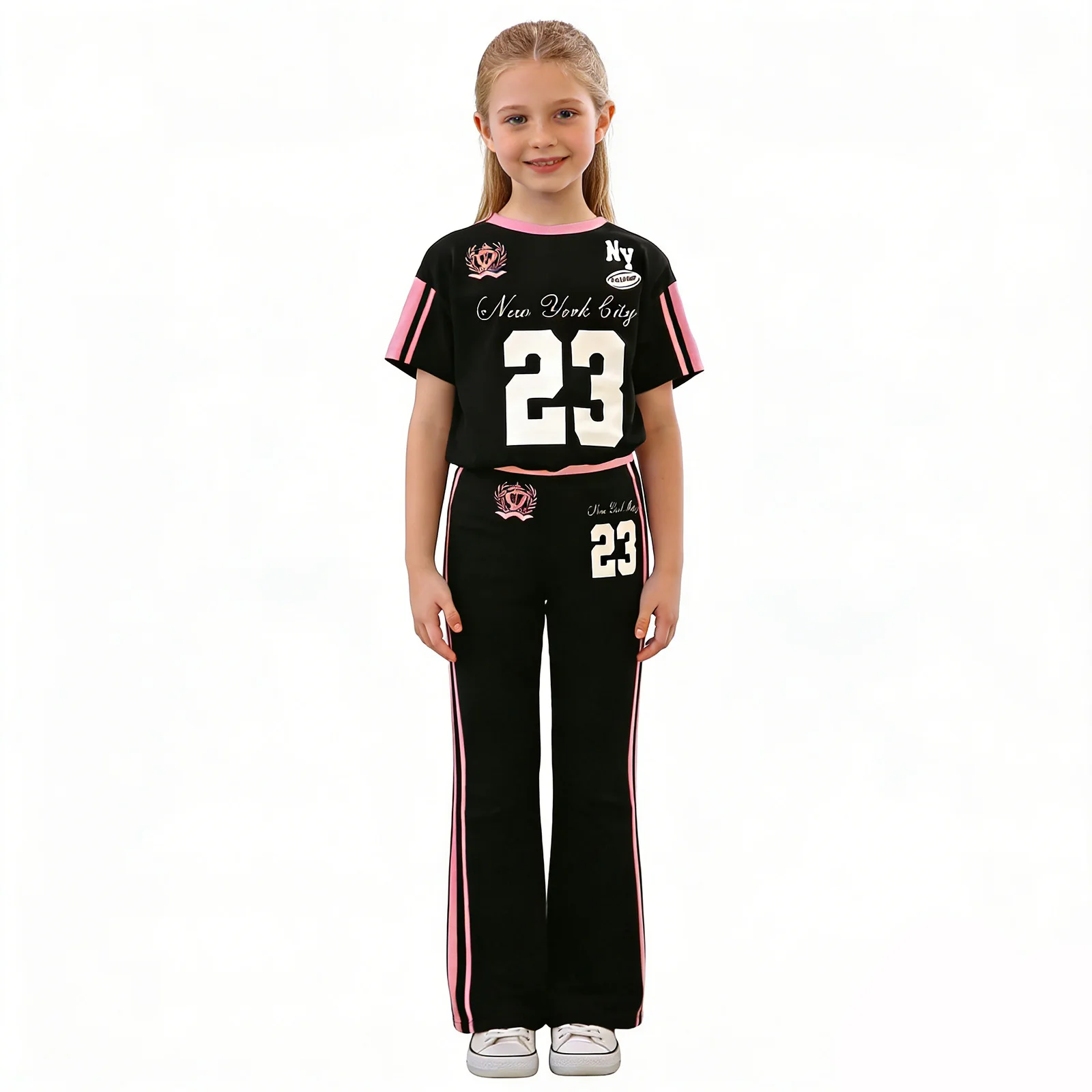 Kids Girls Sports Fitness Costume Number Printed Color Block Short-sleeve T-shirt with Flared Pants for Workout Exercise Warm-up