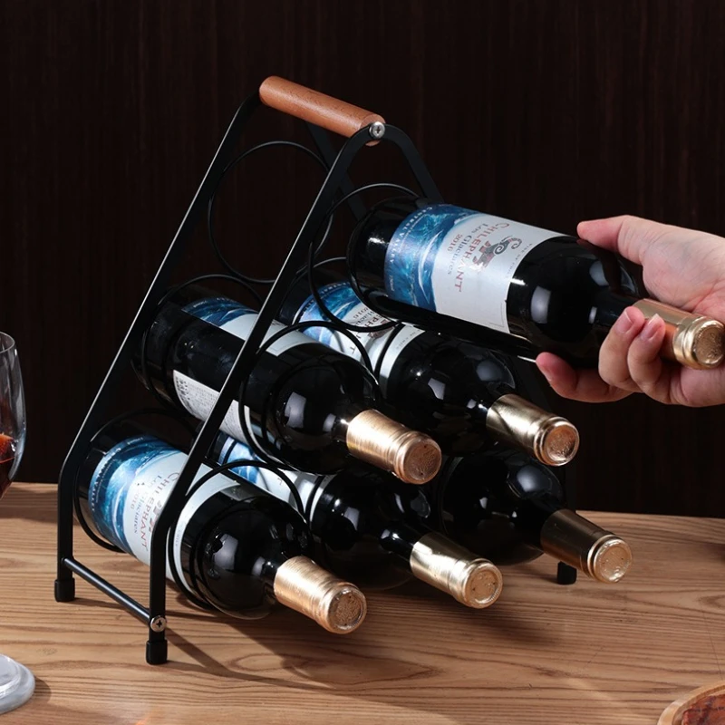 Light Luxury Retro Six Bottle Wooden Handle Hand-held Wine Bottle Rack Desktop Wine Cabinet Decoration Red Wine Display Rack