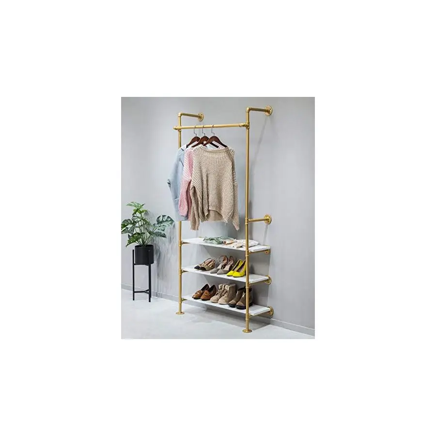

Pipe Clothing Rack Wood Garment Rack Pipeline Vintage Rolling Rack On WallGold